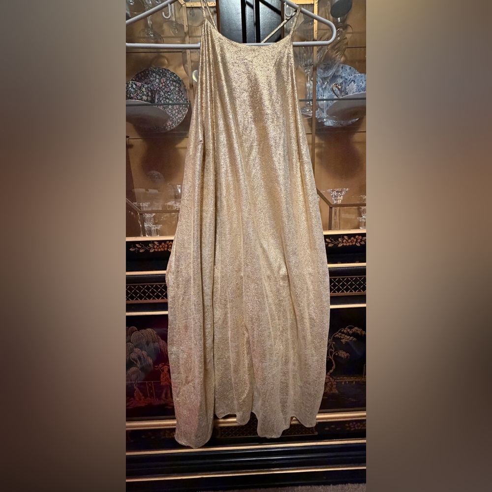 Halston Heritage Metallic Gold Pleated Maxi Dress